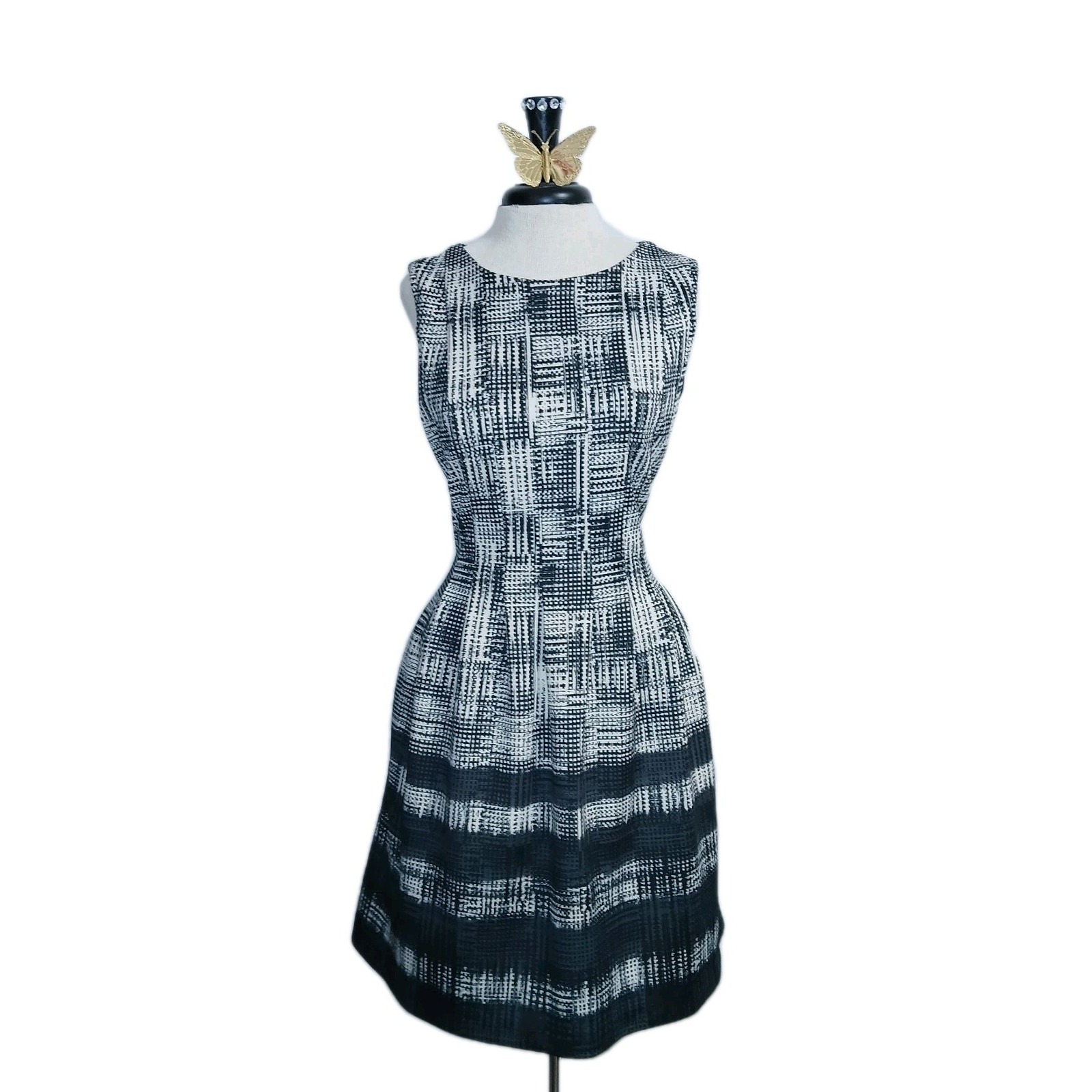 Vince Camuto Women Fit & Flare A Line Dress 10 Black White Scuba Border Pockets